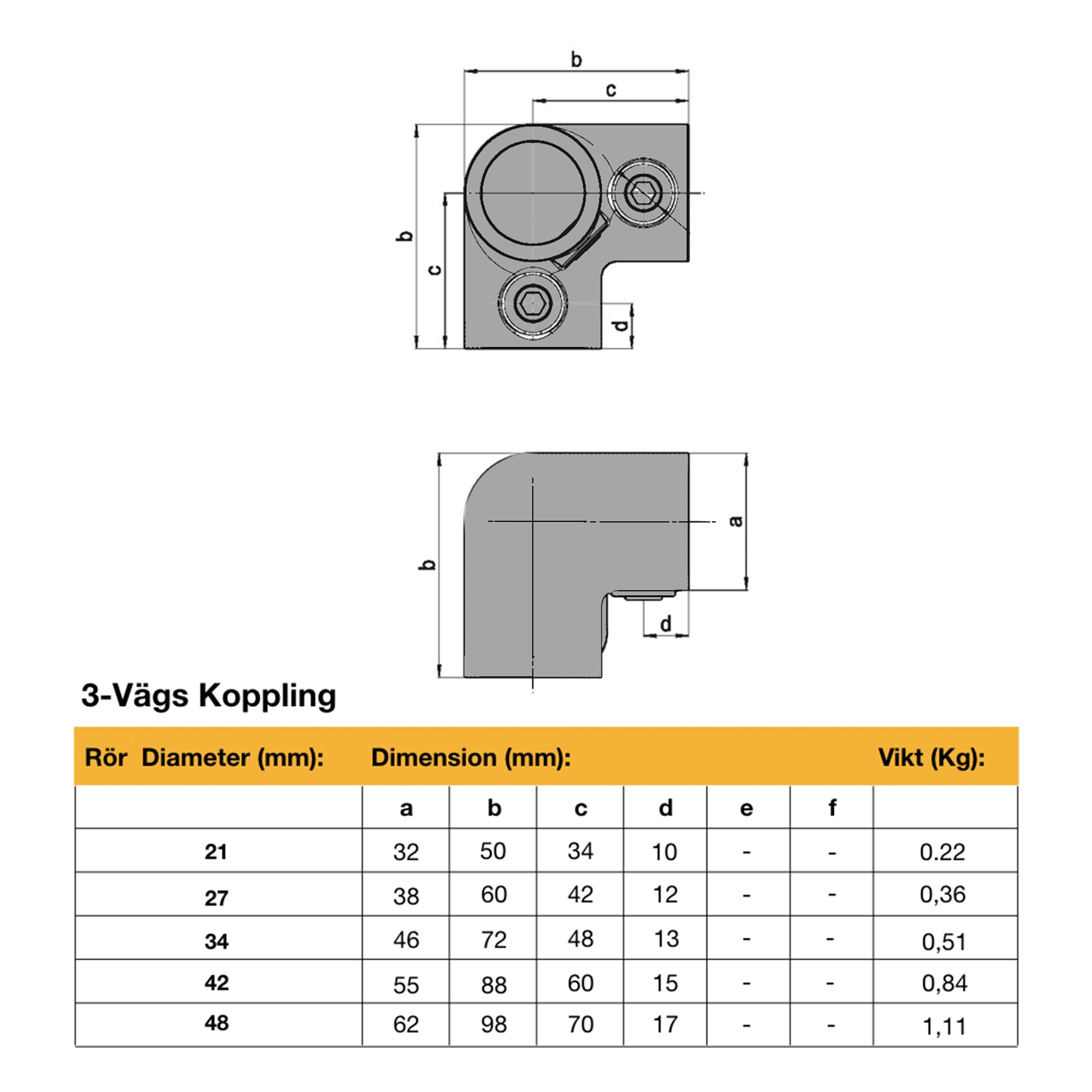 3-Vägs Koppling Stål - 48 mm