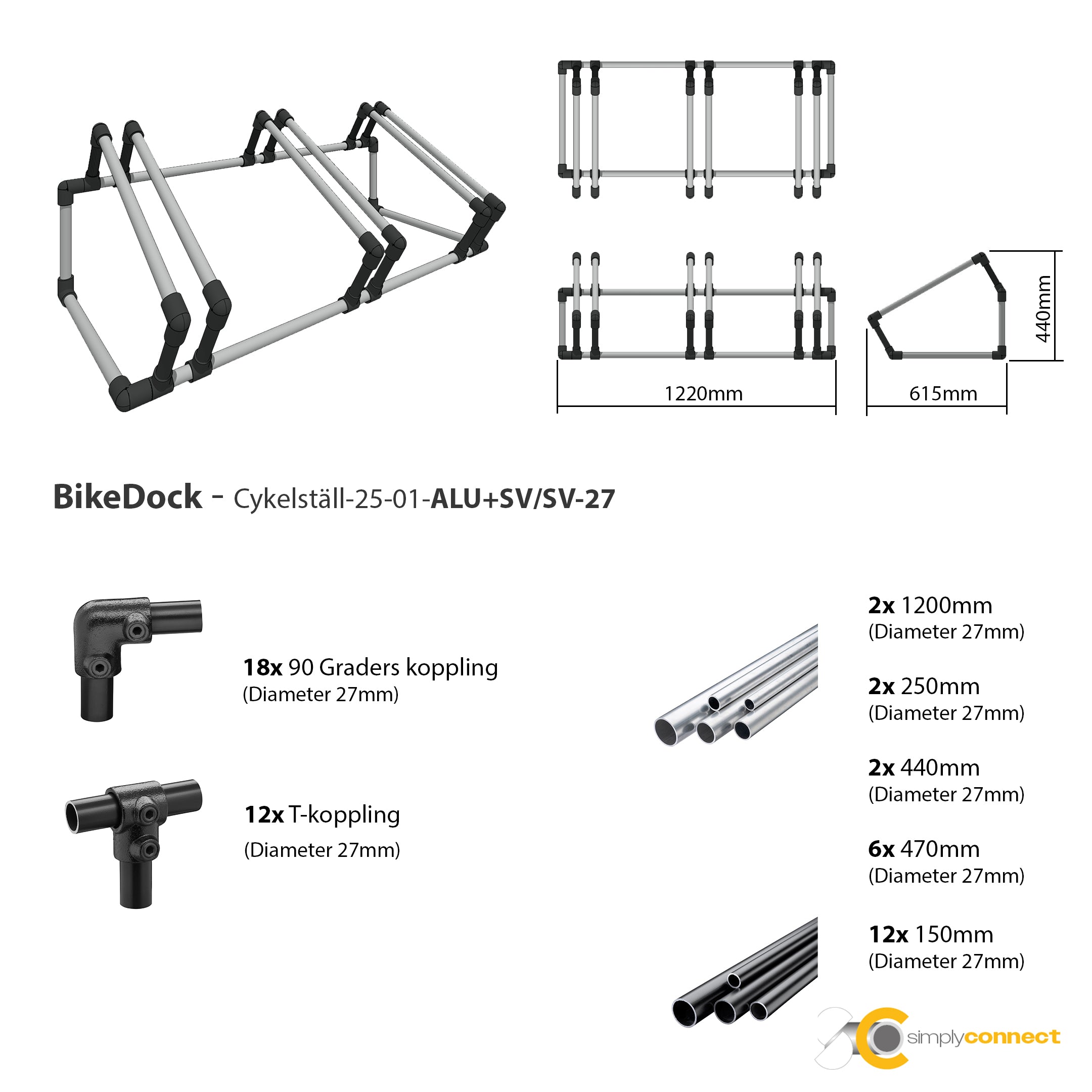 SimplyConnect BikeDock – Stilren, Robust Och Flexibelt Cykelställ - Aluminium rör/Stålkopplingar