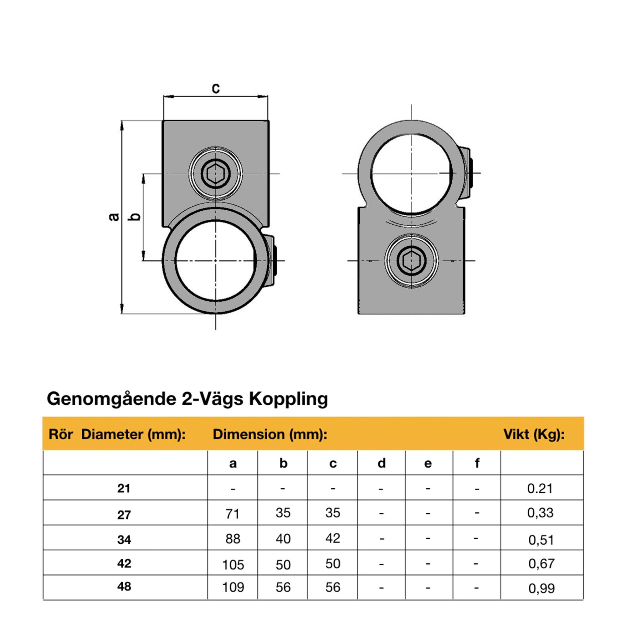 Genomgående 2-Vägs Koppling Stål - 42 mm