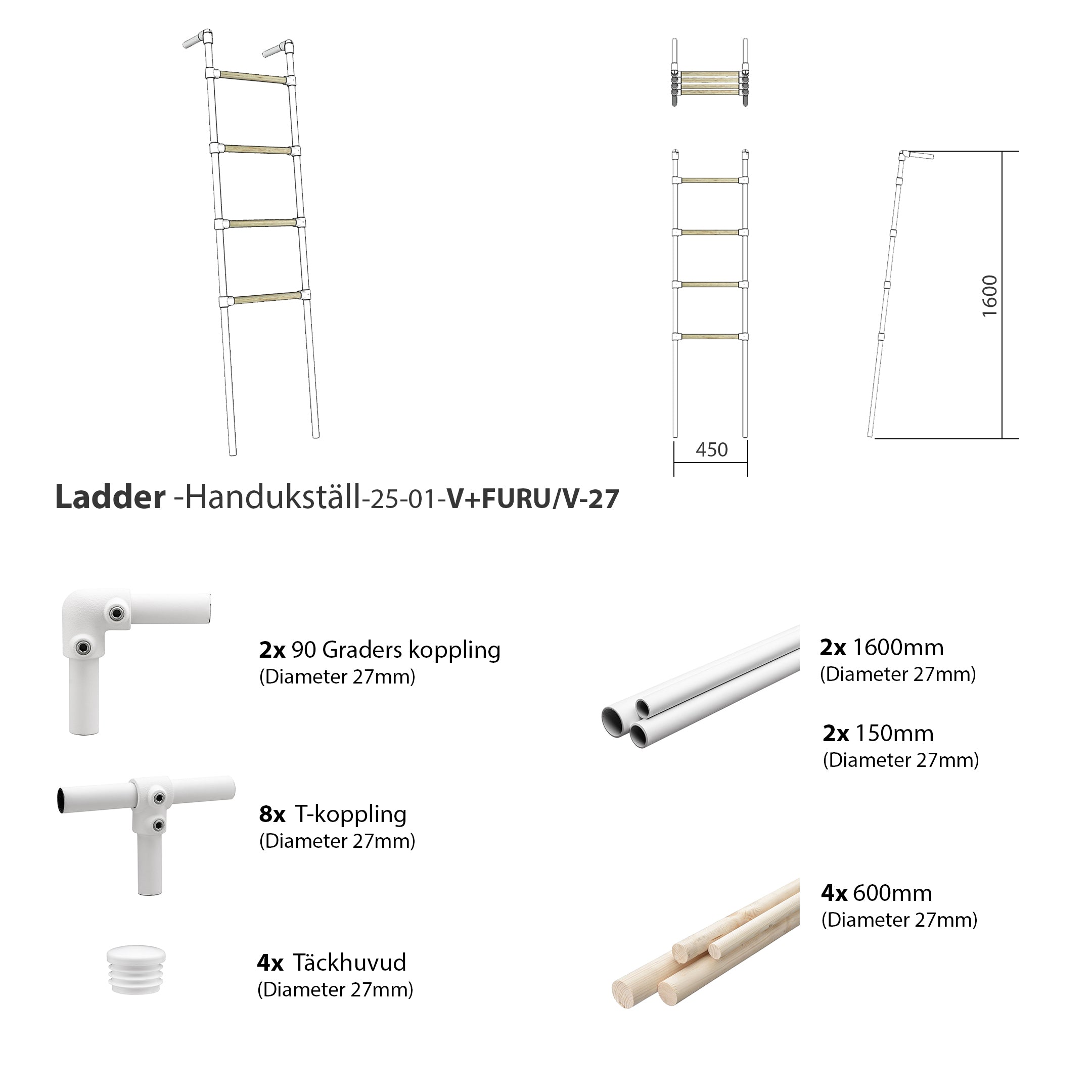 Ladder - Modern Handduksställ i Minimalistisk Design - svarta + vita rör/svarta kopplingar