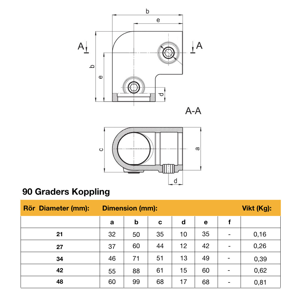90 Graders Koppling Vit - 42 mm